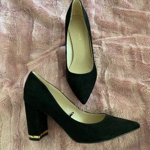 Black Pointed Toe Block Heels with Gold Embellishment